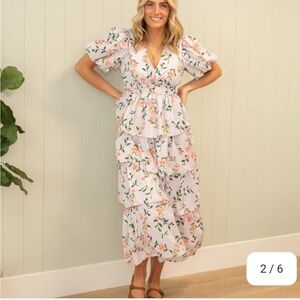 Elegant Floral Puff Sleeve Midi Dress